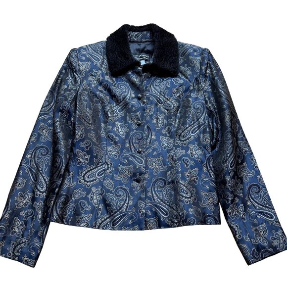 Y2K Scott McClintock Size 8 Black & Gold Paisley Faux Fur Collar Blazer Jacket - Picture 1 of 15